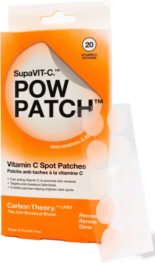 Verpakking met 20 vitamine C-pleisters genaamd Pow Patch, met witte en oranje verpakking, toont een pleister en merkdetails.