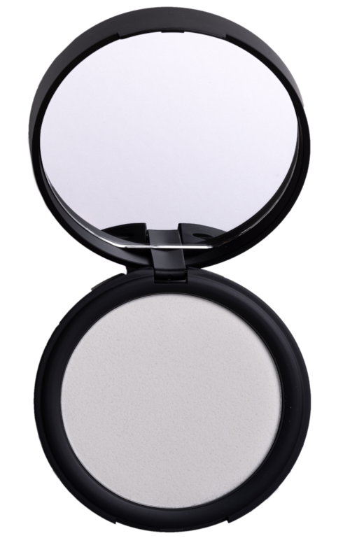 A round compact mirror with a black outer shell, open to show a mirror on top and a powder or highlighter below.