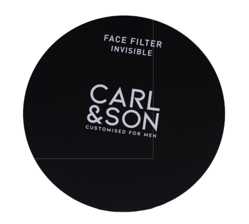 A black circle with a logo that says 'Carl & Son' and 'Face Filter Invisible' for men's grooming products.