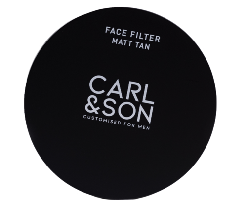 A circular black label with white text, advertising face filter by Matt Tan from Carl & Son for men.