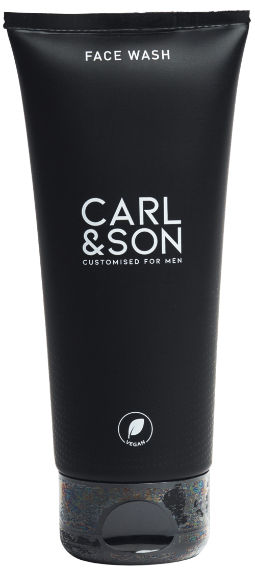 Black tube of face wash with white text, brand name Carl & Son, for men, and a small logo.
