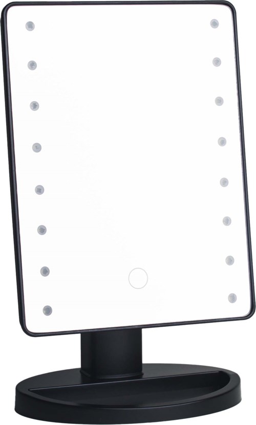 A rectangular mirror stands on a black base with small lights around the edge.