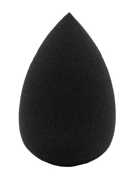 A black makeup sponge with a teardrop shape, soft texture, and rounded tip.
