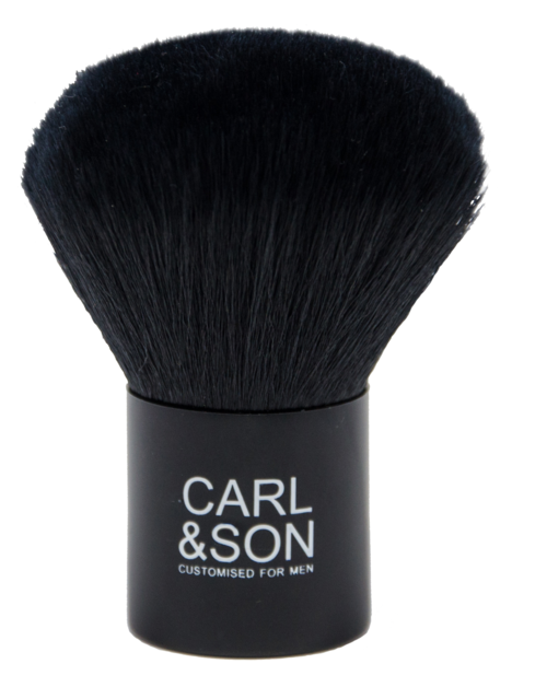 A black makeup brush with a rounded fluffy top and a black handle labeled 'CARL & SON'.