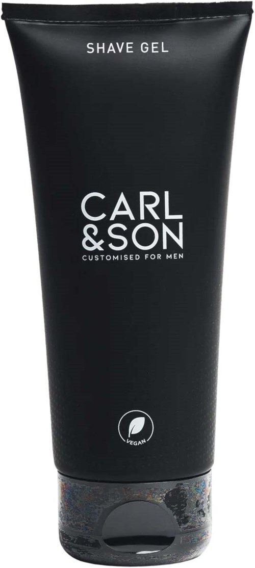 Black tube of men's shave gel labeled 'Carl & Son' with a flip cap.
