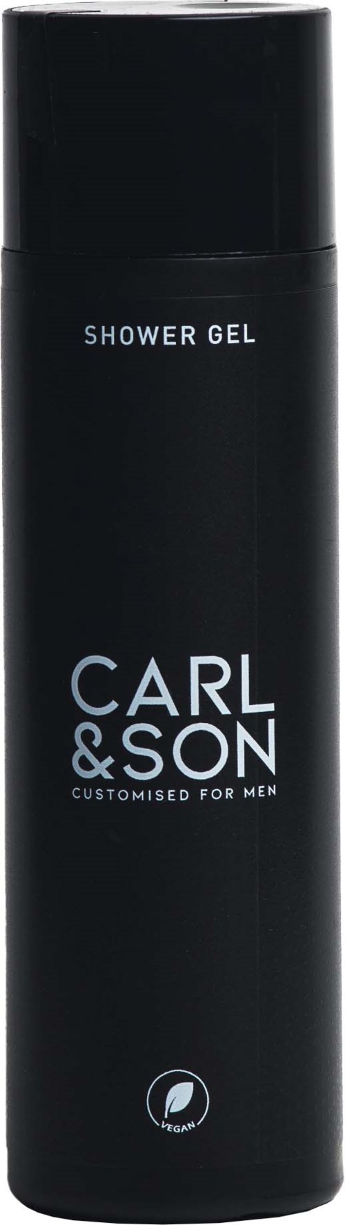 Black bottle labeled 'SHOWER GEL' and 'CARL & SON', designed for men, with a simple, sleek look.