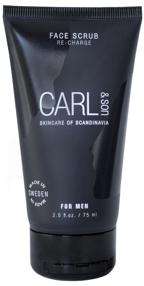 A black tube of face scrub labeled for men by CARL & SONS from Sweden. It contains 2.75 ml of product.