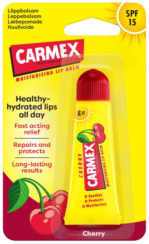 Opakowanie Carmex z balsamem do ust o smaku wiśniowym, żółte z ilustracją wiśni, SPF 15, i korzyściami z produktu.