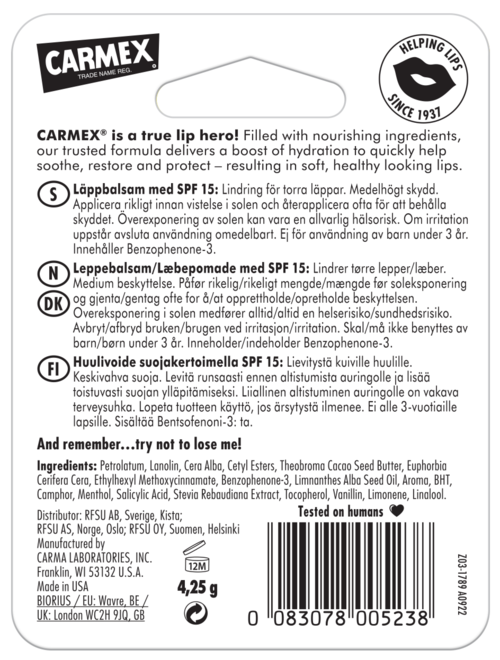 Balsam do ust z SPF, zawiera odżywcze składniki, chroni i łagodzi spierzchnięte usta. Dla wszystkich.