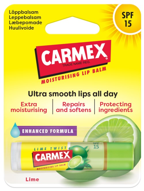 Opakowanie Carmex balsamu do ust o smaku limonki, SPF 15, z naciskiem na nawilżenie, naprawę i ochronę.