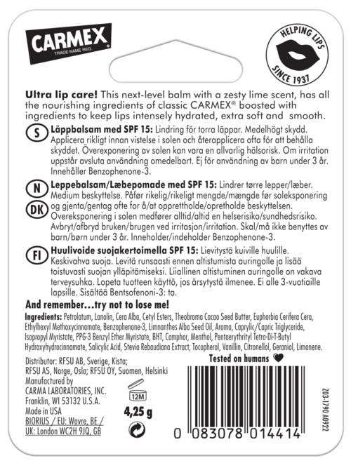Balsam do ust z cytrusowym aromatem limonki, odżywia, nawilża i wygładza usta, z ochroną SPF dla dzieci i dorosłych.