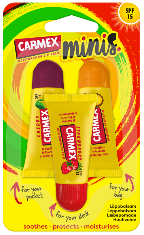 Balsam do ust Carmex Minis o smaku wiśniowym, mały rozmiar, łagodzi, chroni, nawilża, dla kieszeni, torby lub biurka.