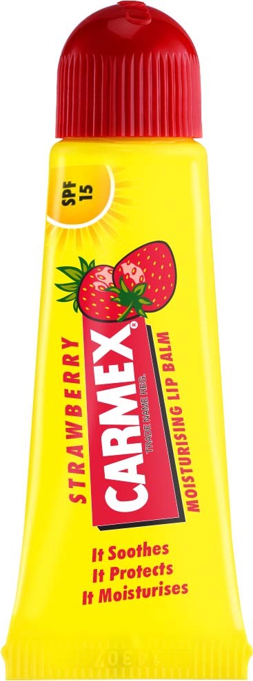 Yellow tube with strawberries, red cap, and label that says 'CARMEX' for lips protection and moisturization.