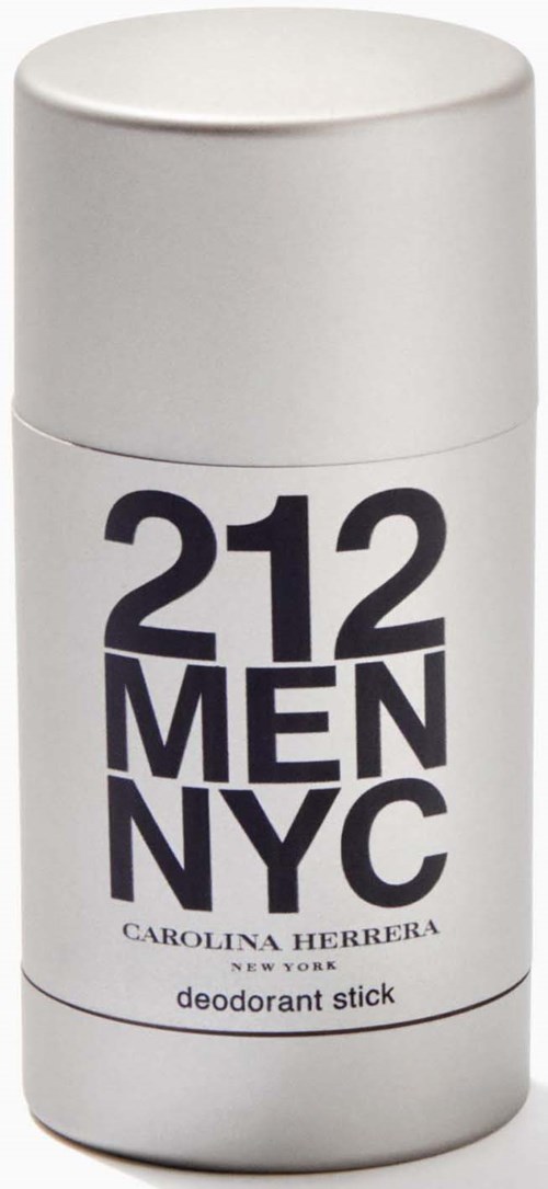 Een witte ronde deodorantstick container met zwarte tekst "212 MEN NYC."