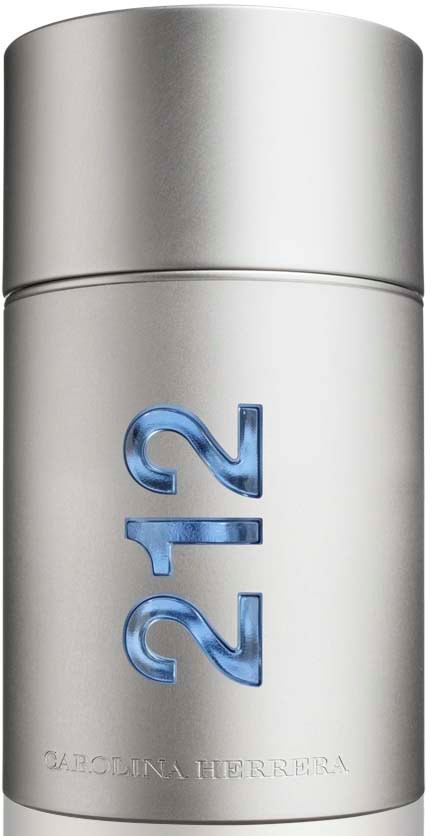 Een zilveren metalen fles met blauwe cijfers '22' en de naam Carolina Herrera onderaan.