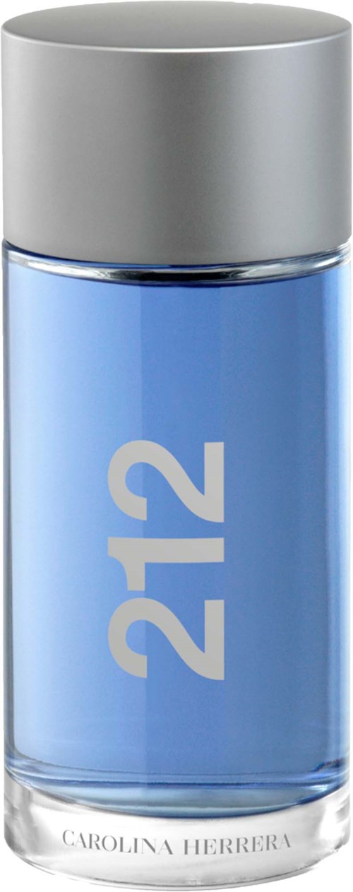 Een blauwe parfumfles met 212 en een zilveren deksel en doorzichtig glas.