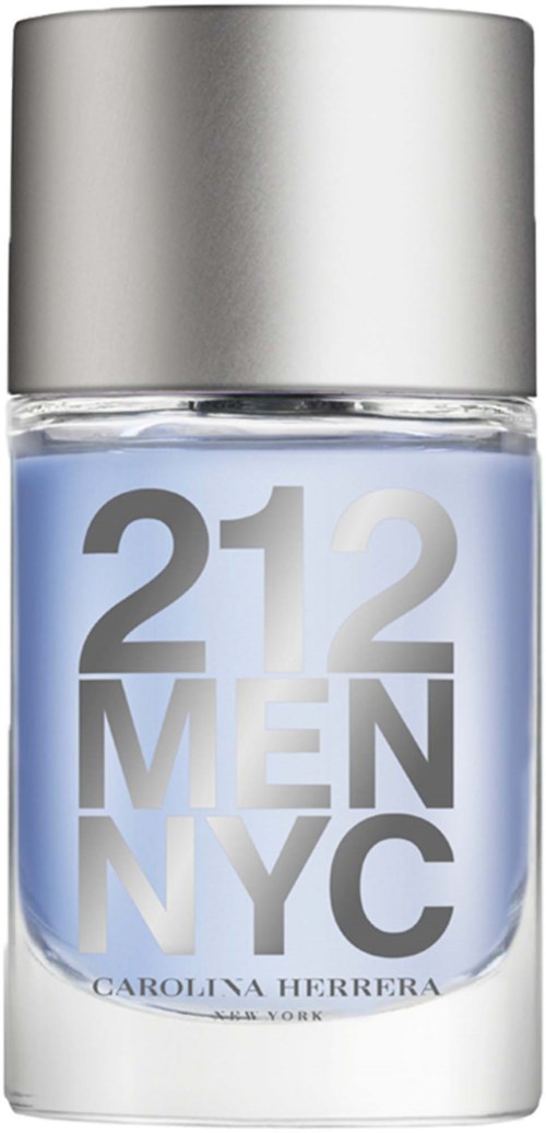 Een herenparfumfles met label 212 NYC, zilveren dop en heldere blauwe vloeistof.