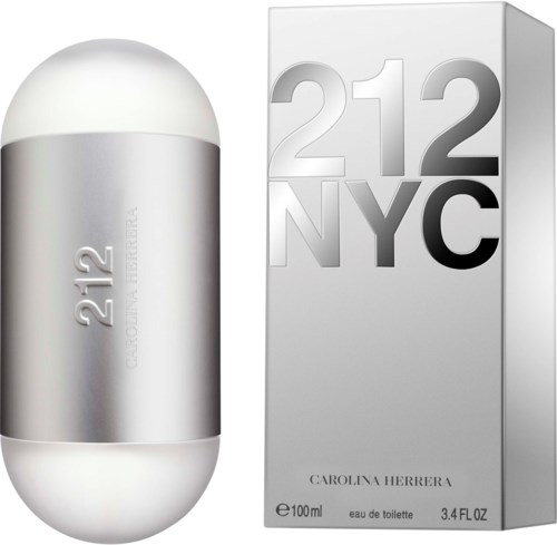 Eine silberne und weiße Parfümflasche mit passender Verpackung, beschriftet 212 NYC von Carolina Herrera.