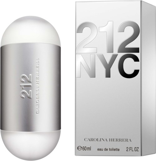 Een witte parfumfles en een doos met 212 NYC logo en tekst. De fles is rond en slank in ontwerp.