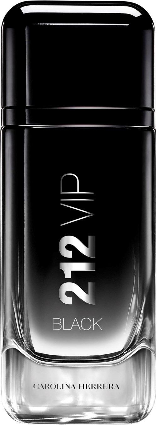 Svart parfymeflaske med sølvtekst som sier 212 VIP og Carolina Herrera-logo.