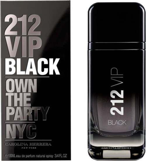 En parfymeflaske og eske for 212 VIP BLACK med glatt svart design og hvit tekst. Flasken er skinnende og elegant.