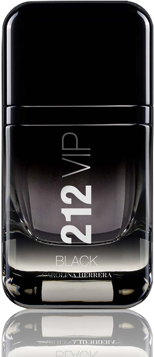 En svart parfymeflaske med et skinnende, elegant design og hvit tekst som sier 212 VIP.issime.