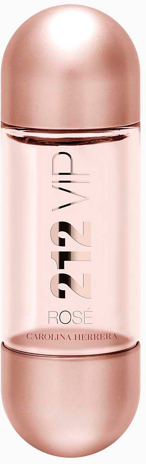 En stilren, rosa parfyth bottle med rund, glansig topp, märkt med "VF2 VIP" och "ROSÉ," av Carolina Herrera.