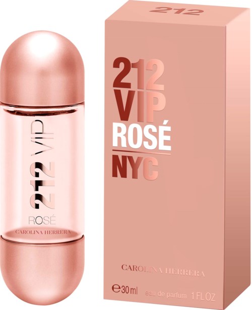 En rosa parfymflaska och matchande box för VIP Rosé NYC-parfymmärke av Carolina Herrera.