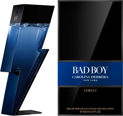 En parfyllåda formad som ett blixtnedslag och en svart box med texten 'BAD BOY' av Carolina Herrera.