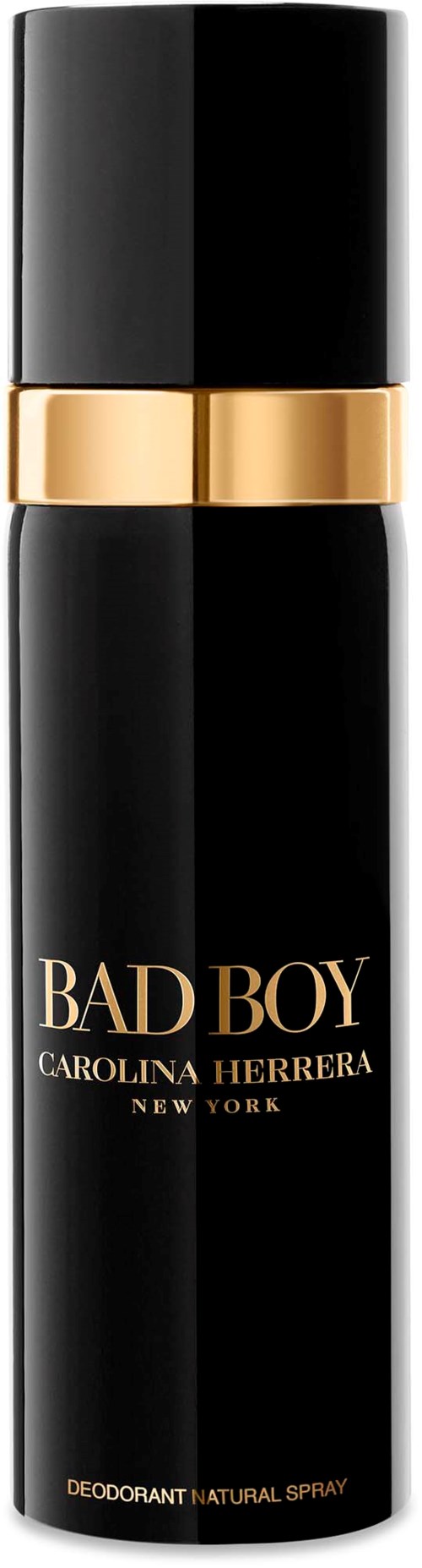 En svart sprayflaska med guldkant märkt "Bad Boy" av Carolina Herrera, designer av herrparfym.