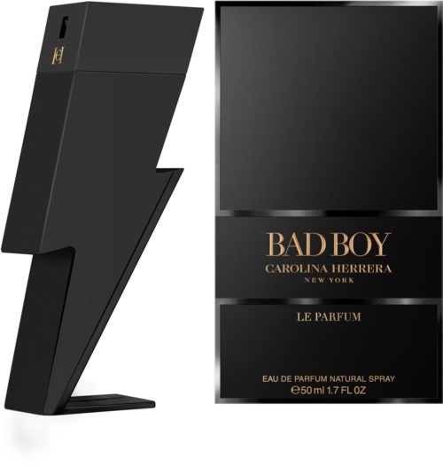 Eine schwarze Parfümflasche in Blitzform und eine passende schwarze Box mit goldener Aufschrift für Bad Boy Duft.