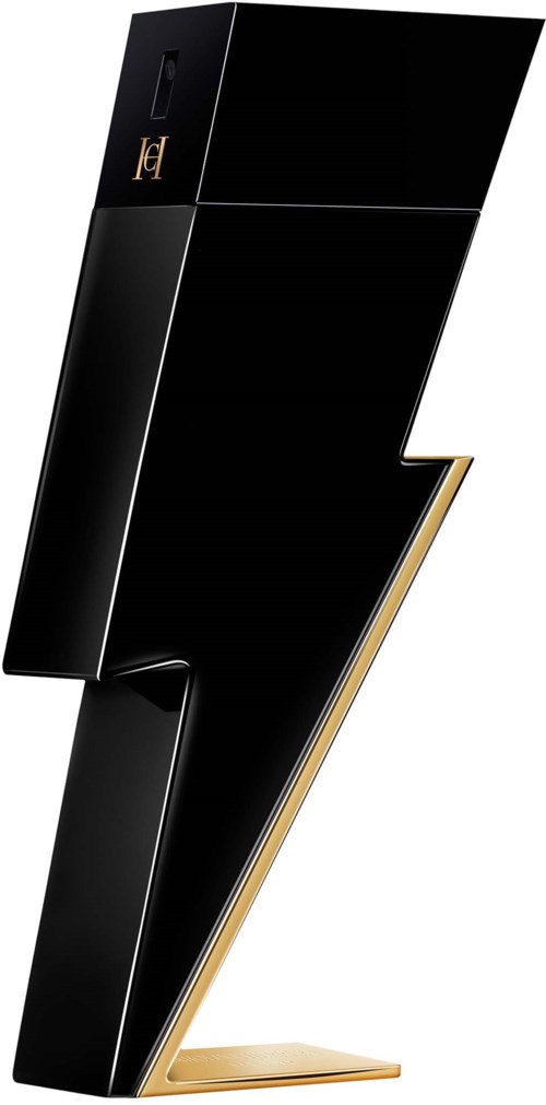 Eine elegante, schwarze und goldene Lippenstifthalter in Blitzeform. Es hat einen Deckel oben. Das Design ist modern.