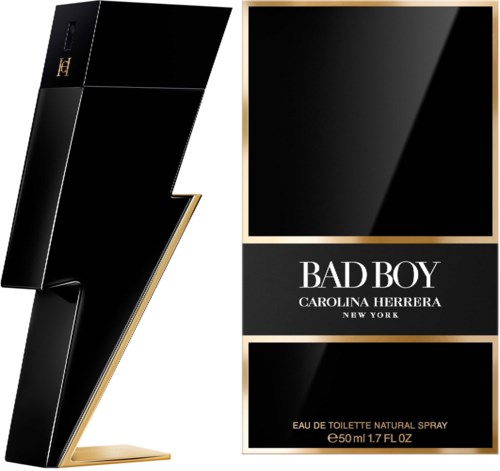 Eine schwarze Parfüfflasche mit goldenen Akzenten und einer passenden Verpackung mit der Aufschrift 'Bad Boy' von Carolina Herrera.