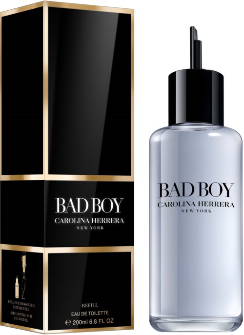 Een parfumfles met zwart en doorzichtig ontwerp, en een zwarte doos met gouden randen en het label 'BAD BOY'.