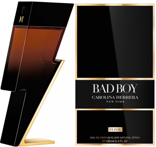 En parfyllflaska som ser ut som en blixt och dess låda, båda i svart och guld. På lådan står "BAD BOY".