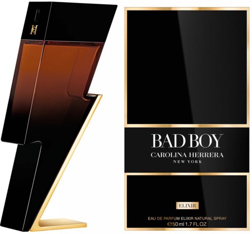 En parfymask box med svarta, guld- och bruna färger, märkt "Bad Boy" av Carolina Herrera, för män.