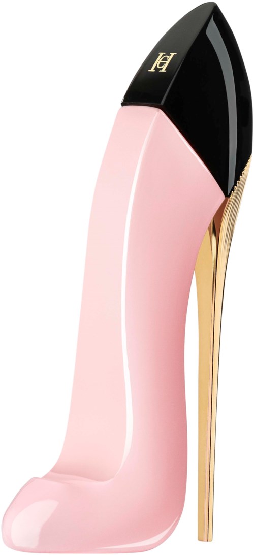 Een hoge hak schoen die eruitziet als een lippenstift, met een roze lichaam en zwarte en gouden hak.