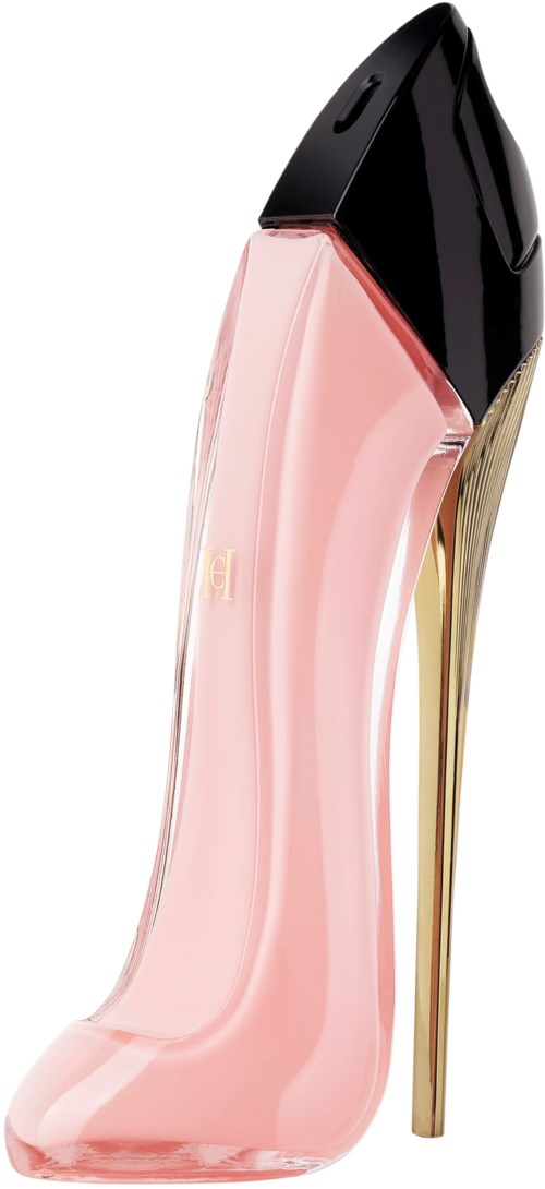 De afbeelding toont een lippenstift die eruitziet als een hoge hak schoen, met roze kleur en een gouden hak.