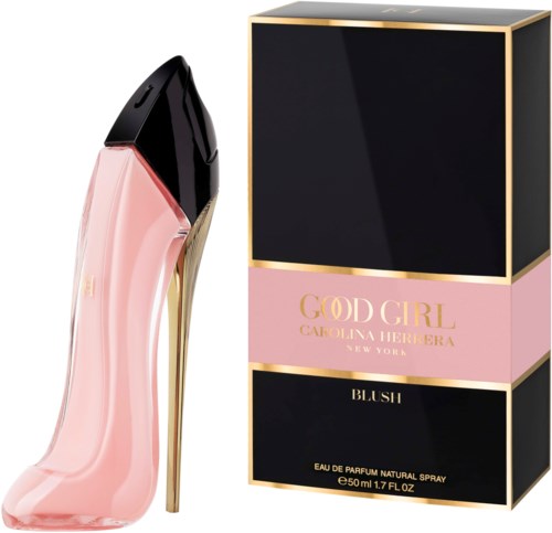 Een parfumfles in de vorm van een hoge hak schoen en een zwart en roze doos voor 'God Girl' geur.