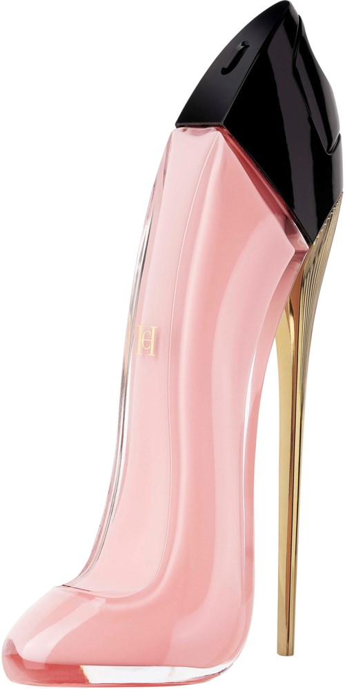 Een hogehakschoen ontworpen als luxe parfumfles, roze met zwarte dop, gouden hak, stijlvol en uniek.