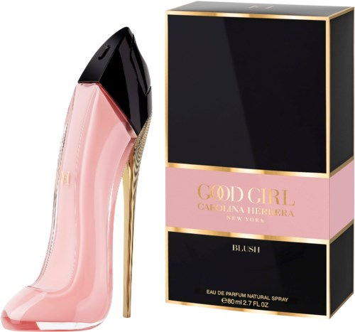 Een parfumfles in de vorm van een hoge hak schoen en doos met label die zegt "GODDESS CALIFORNIA HERRERA."