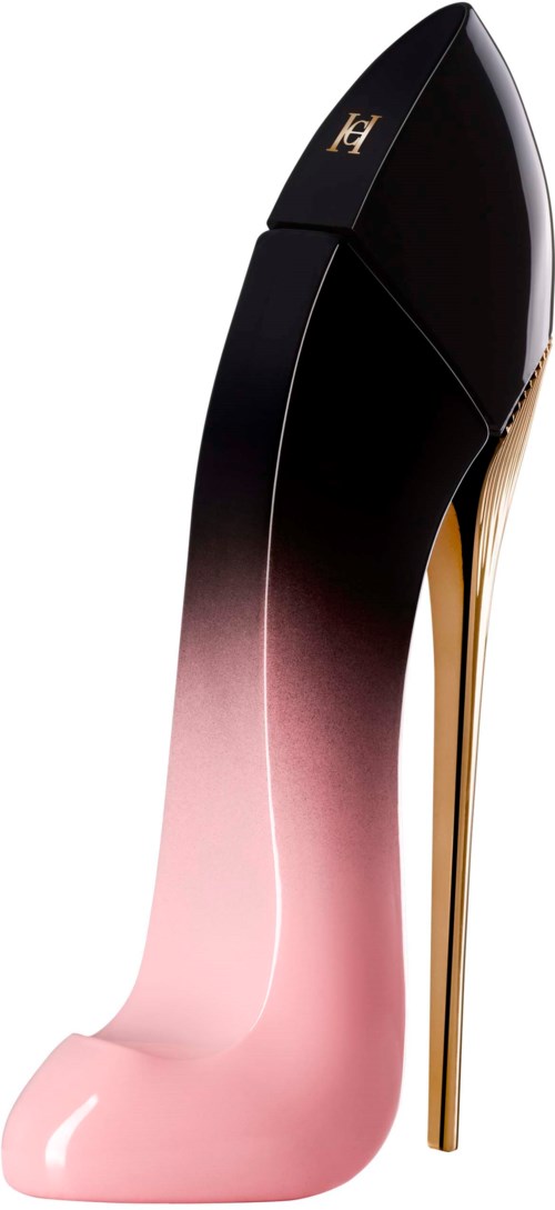 Een hoge hak schoenen met een kleurverloop van roze naar zwart, gouden hak en logo.