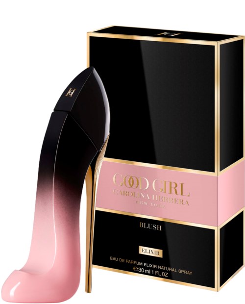 Een parfumfles met zwart en roze kleuren, met gouden accenten, naast een bijpassende doos gemarkeerd "Blush Elixir."