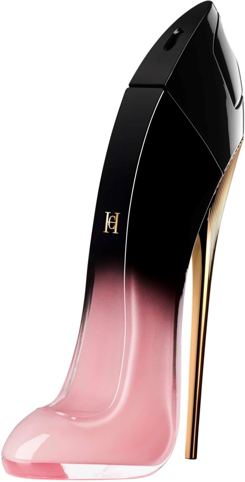Een hoge hak schoen met zwarte en roze verloopkleur, gouden hak en logo aan de zijkant.