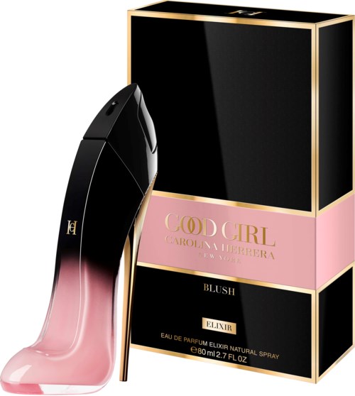Een parfumfles met zwart en roze ontwerp naast een zwarte doos met gouden en roze accenten.