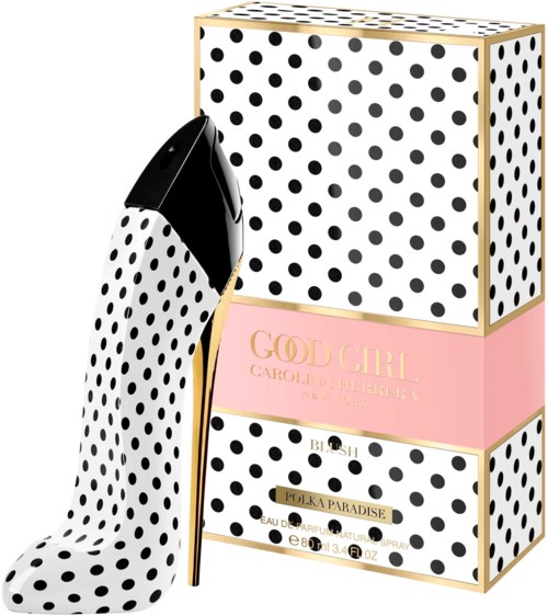 Een parfumdoos met zwarte stippen en roze gedeelte, gelabeld als 'Good Girl' en 'Polka Paradise'.