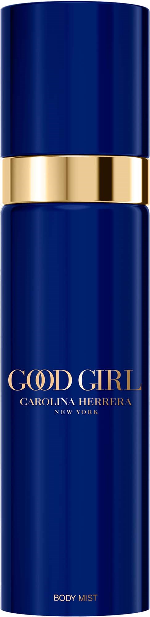 Een blauwe parfumfles met goudaccenten en het label 'GOD GIRL' door Carolina Herrera.