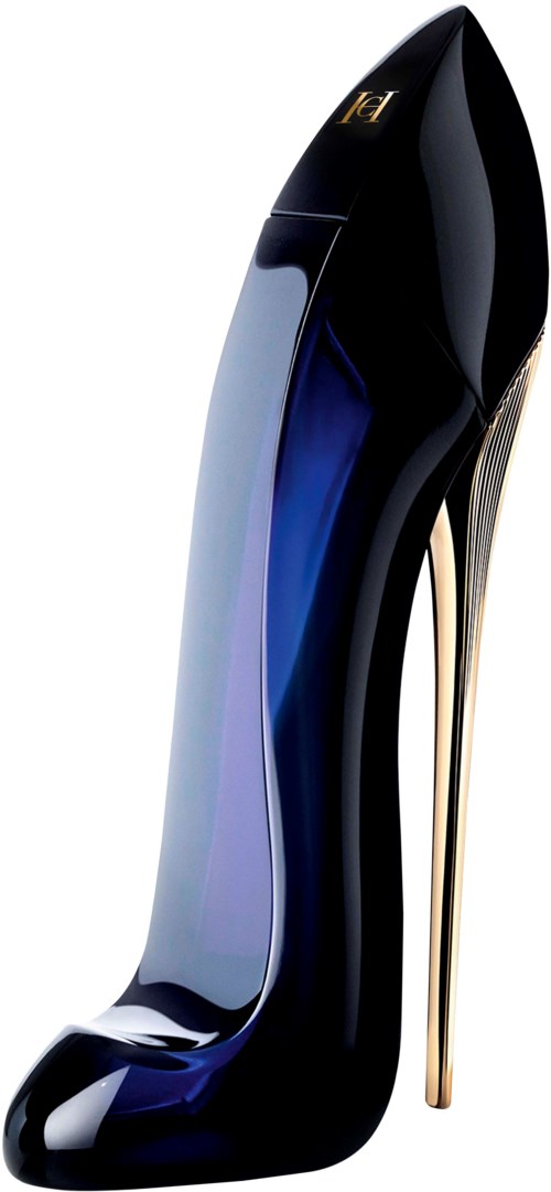 Een hoge hak schoen die eruitziet als een parfumfles. Het is zwart met goud en blauw accenten.