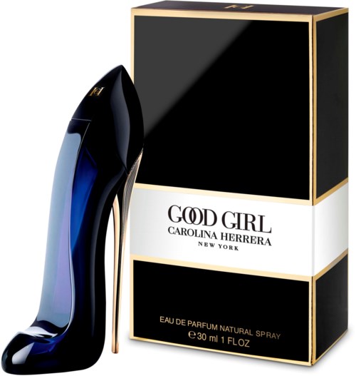 Een parfumfles in de vorm van een hoge hak schoen naast een zwart-wit doos met de woorden "Good Girl" en "Carolina Herrera."