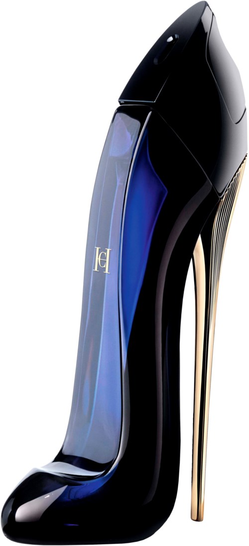 Een hoge hak schoen die eruitziet als een parfumfles met een glanzende zwarte en blauwe oppervlakte en gouden details.